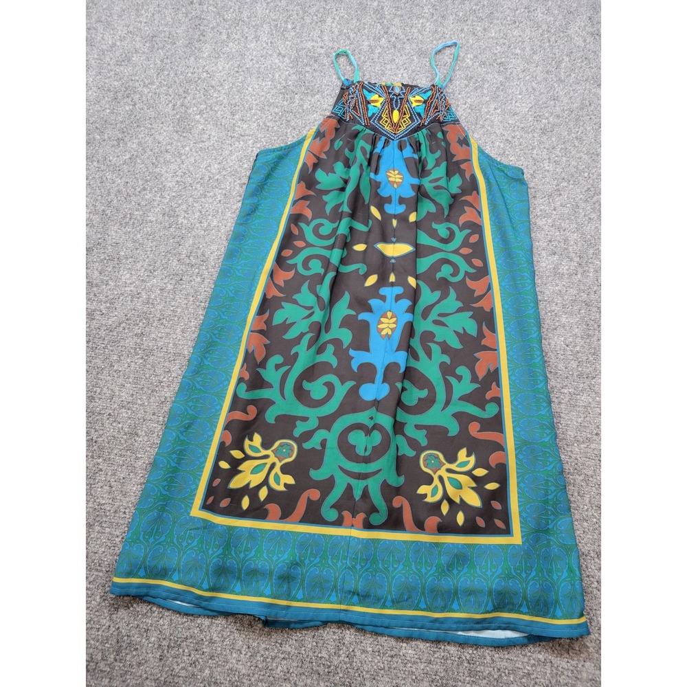 One September Anthropologie Teal Beaded Halter Mini Dress Scarf Print XS A64048